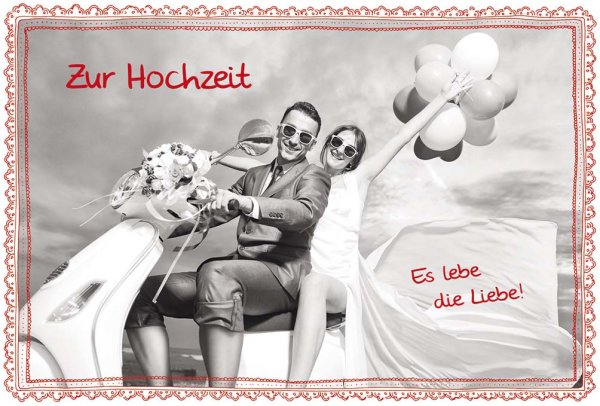 Hochzeit – Colourful Life - Glückwunschkarte im Format 11,5 x 17 cm mit Umschlag – Zur Hochzeit – Es lebe die Liebe – Brautpaar auf Vespa -  BSB