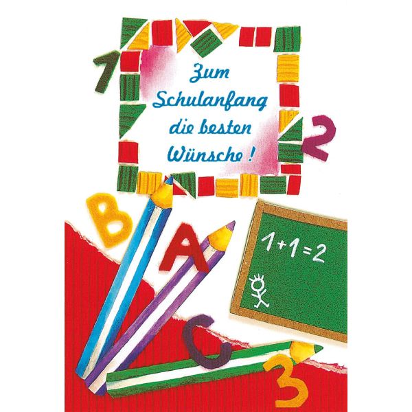 Schulanfang  Glückwunschkarte mit Umschlag Tafel Stifte Beste Wünsche