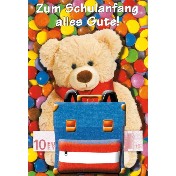 Schulanfang  Geldkarte mit Umschlag Teddy Smarties Schulranzen Alles Gute