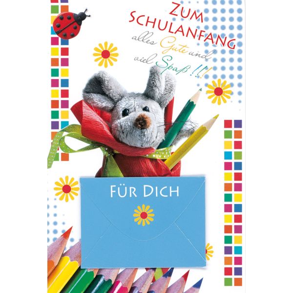 Schulanfang  Geldkarte mit Umschlag Hase Stifte Alles Gute Viel Spaß