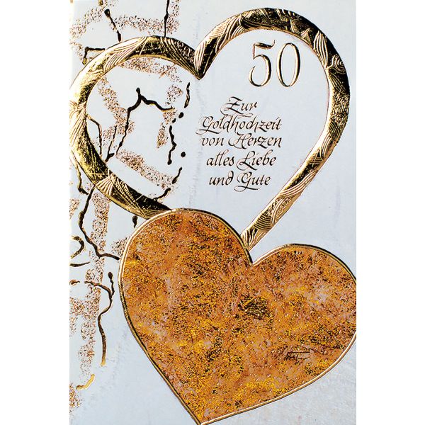 Goldhochzeit 50. Hochzeitstag Glückwunschkarte unverpackt mit Briefumschlag plastikfreie Verpackung Goldene Herzen