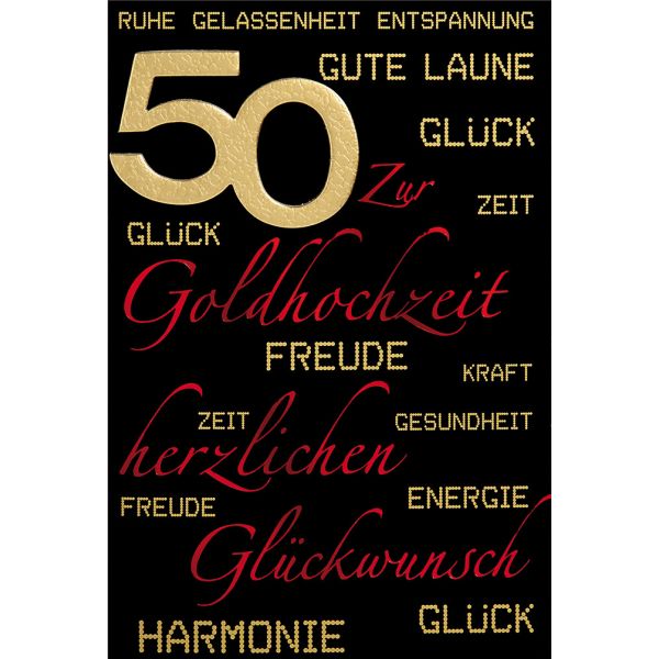 Goldhochzeit  Glückwunschkarte mit Umschlag Gold 50 Glück Freude Harmonie Gesundheit