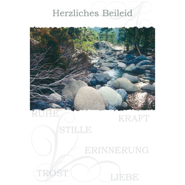 Trauer Beileid Kondolenzkarte mit Umschlag Herzliches Beileid Fluss Steine Wald
