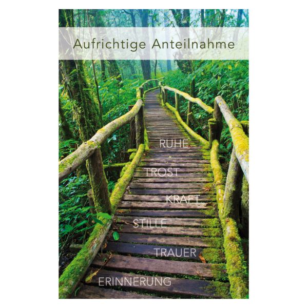 A Trauer Beileid Kondolenzkarte mit Briefumschlag Aufrichtige Anteilnahme Holzbrücke im Wald
