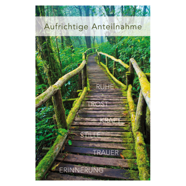 A Trauer Beileid Kondolenzkarte mit Briefumschlag Aufrichtige Anteilnahme Holzbrücke im Wald
