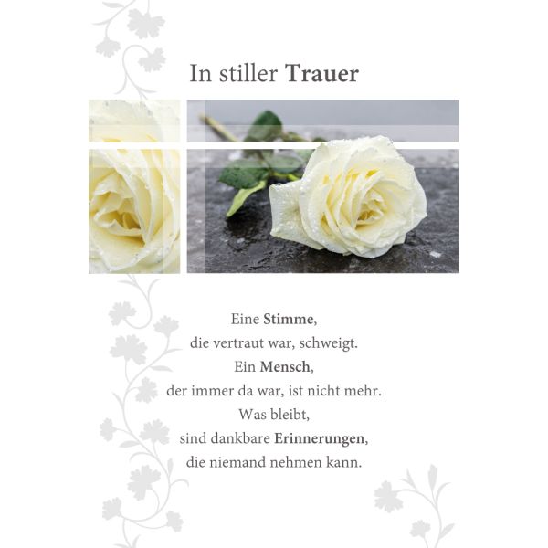 Trauer Beileid unverpackte Kondolenzkarte mit Briefumschlag In stiller Trauer weiße Rose