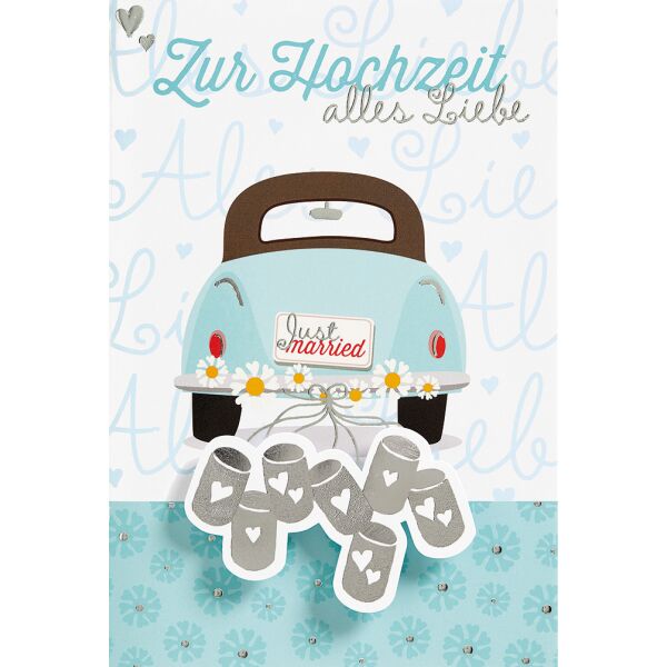 Hochzeit Collage Glückwunschkarte mit Applikation + Briefumschlag Auto Just married