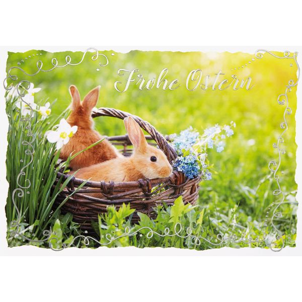 Ostern Hasen in Korb auf Wiese unverpackt Grußkarte mit Umschlag