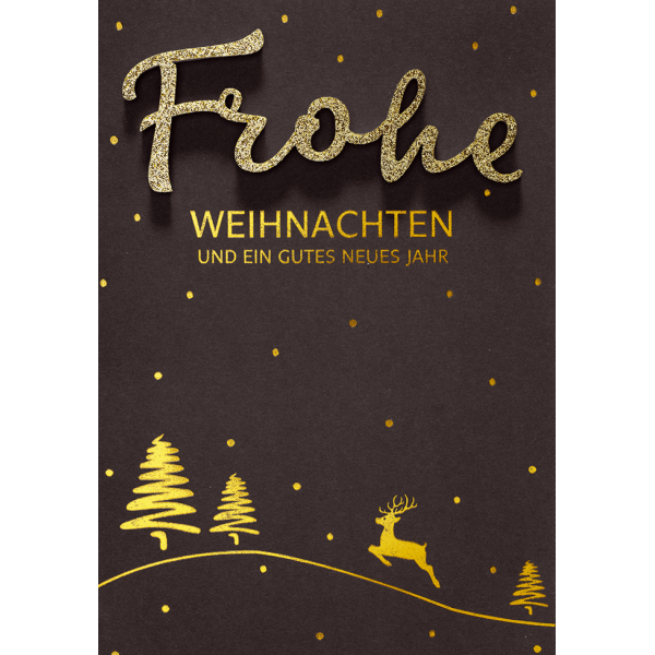 Weihnachten Glückwunschkarte mit Umschlag schwarz gold Hirsch Bäume