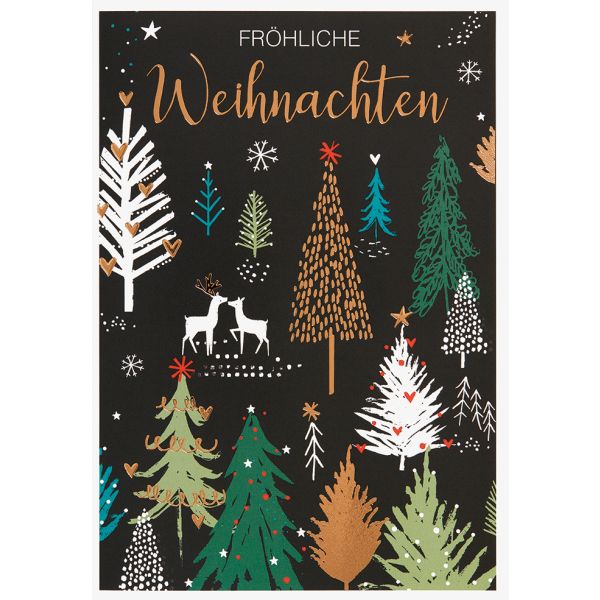Weihnachten Glückwunschkarte mit Umschlag schwarz-kupfer Wald Hirsche