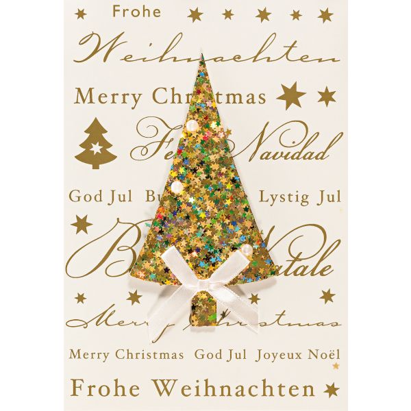 Weihnachten Glückwunschkarte mit Umschlag glitzer Sterne Tannenbaum mehrsprachig