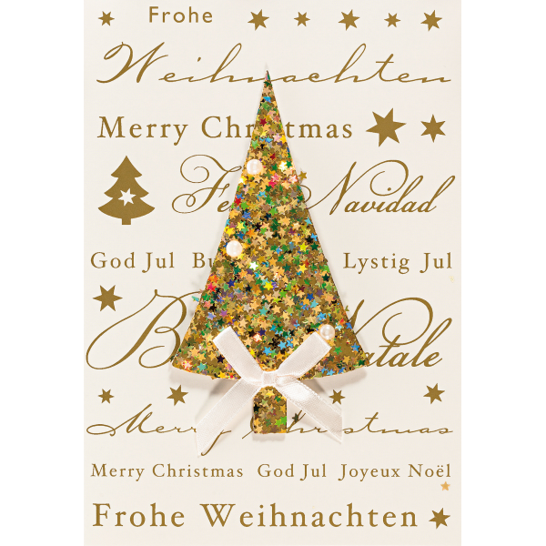 Weihnachten Glückwunschkarte mit Umschlag glitzer Sterne Tannenbaum mehrsprachig
