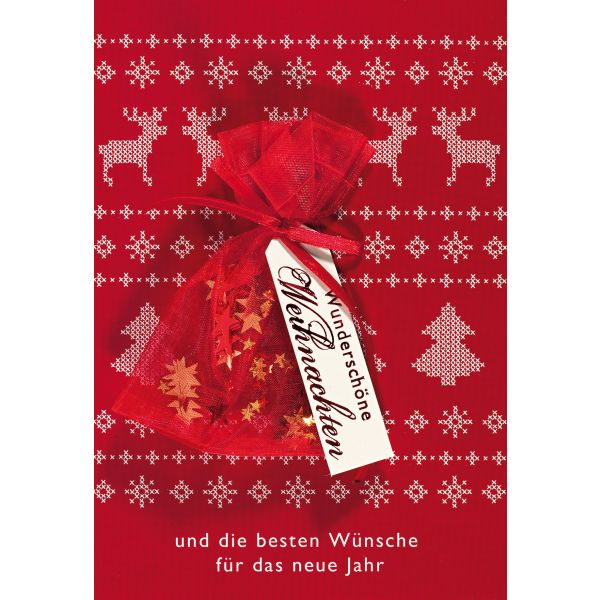 Weihnachten Glückwunschkarte mit Umschlag Hirsche Tannenbäume Säckchen