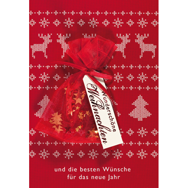 Weihnachten Glückwunschkarte mit Umschlag Hirsche Tannenbäume Säckchen