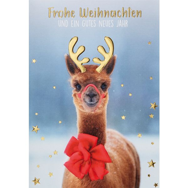 Weihnachten Unverpackt Glückwunschkarte 11,6 x 16,6 cm mit Umschlag Weihnachtslama mit Geweih