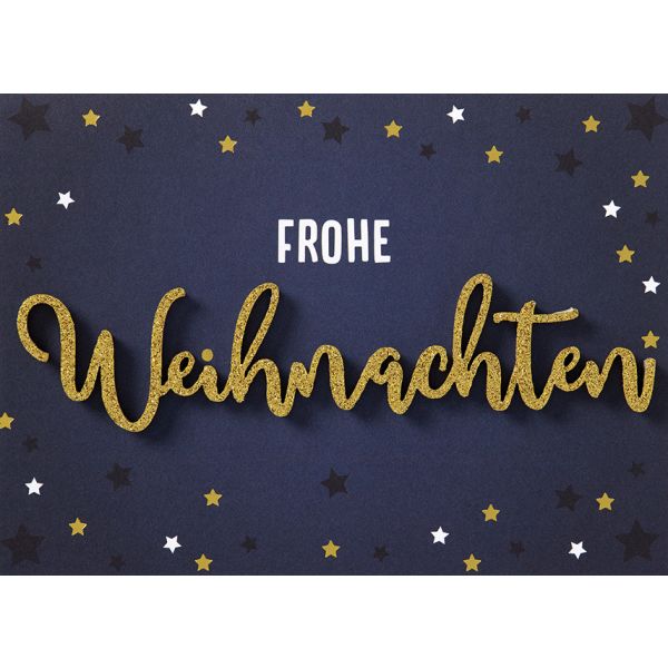 Weihnachten Lettering Glückwunschkarte mit Applikation 10,5x14,5cm mit Umschlag blau Querformat Frohe Weihnachten