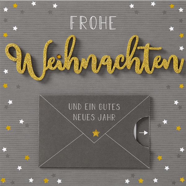 Weihnachten Lettering Geldkarte Gutschein Quadratische Glückwunschkarte mit Applikation mit Umschlag grau Sterne Frohe Weihnachten