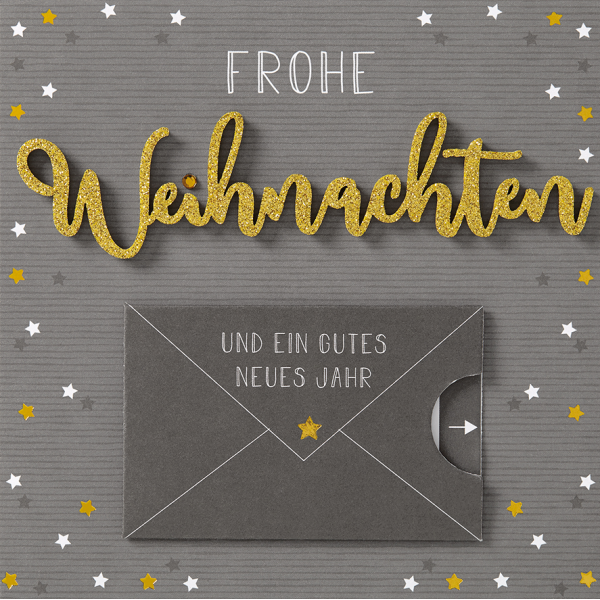 Weihnachten Lettering Geldkarte Gutschein Quadratische Glückwunschkarte mit Applikation mit Umschlag grau Sterne Frohe Weihnachten