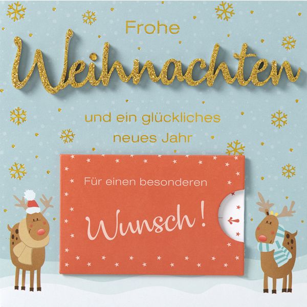 Weihnachten Lettering Geldkarte Gutschein Quadratische Glückwunschkarte mit Applikation mit Umschlag Hirsche Frohe Weihnachten