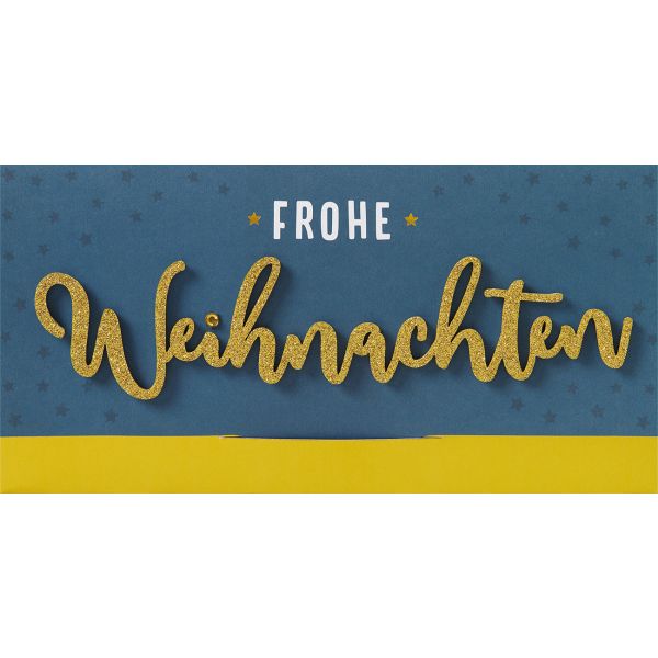 Weihnachten Lettering Geldkarte Gutscheinkarte Glückwunschkarte mit Applikation 22x11cm mit Umschlag blau Gold Frohe Weihnachten