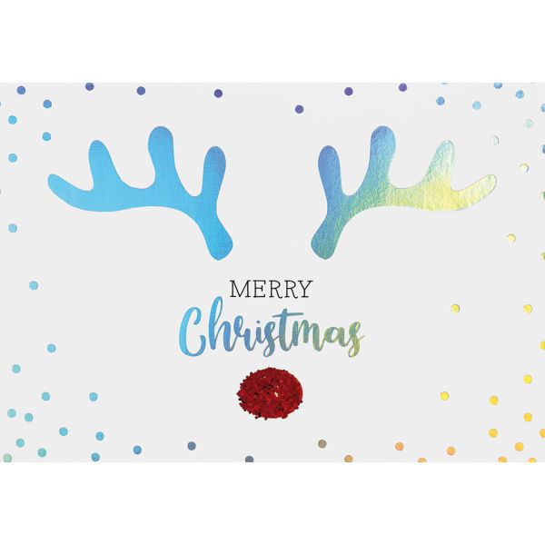 Weihnachten Bling Bling Glückwunschkartemit Umschlag Rentier Geweih rote Nase Merry Christmas