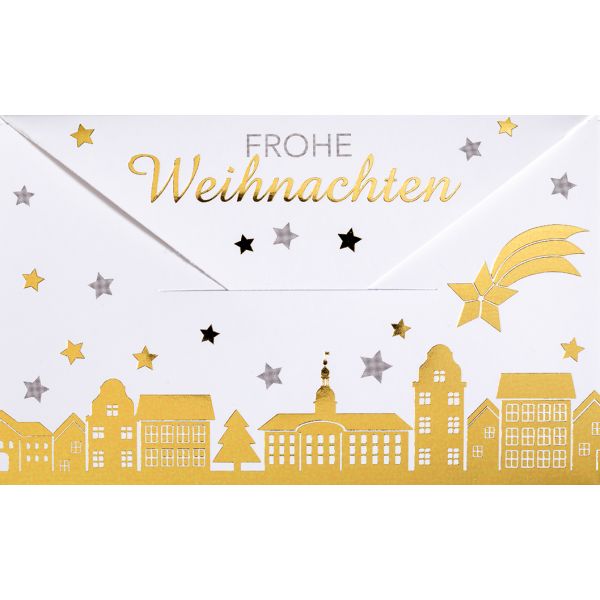 Weihnachten Geldkarte Gutscheinhülle Glückwunschkarte 6,7 x 11 cm mit Umschlag weiß gold Stadt