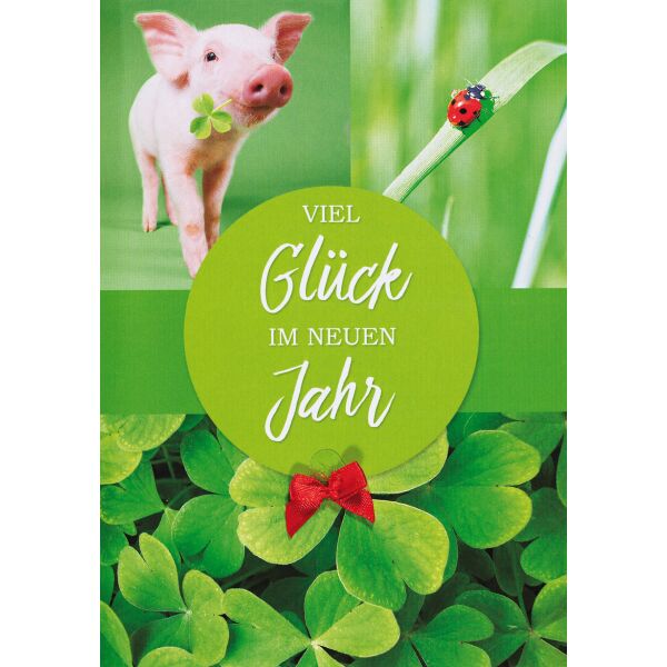 Neujahr Glückwunschkarte zum Neuen Jahr (Silvester) mit Umschlag Kleeblatt Schwein Viel Glück
