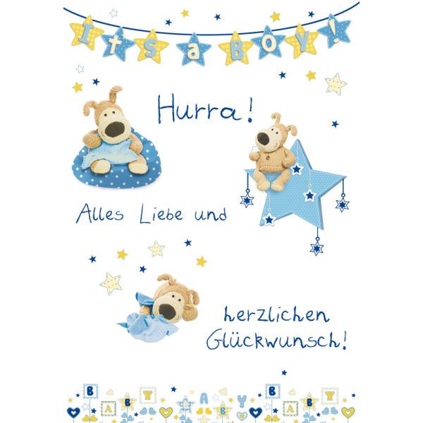 Geburt Baby Freudiges Ereignis unverpackte Glückwunschkarte mit Umschlag Its a boy Hurra! Alles Liebe und Herzlichen Glückwunsch blau