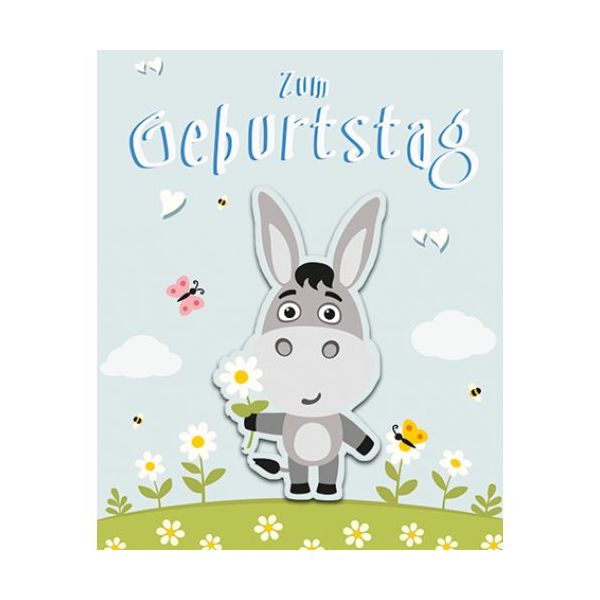 Geburtstag Zum Geburtstag Esel auf Blumenwiese Midi-Glückwunschkarte Blumenkärtchen mit Klammer und Umschlag