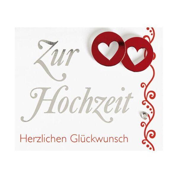 Hochzeit Vermählung Midi-Glückwunschkarte Blumenkärtchen mit Klammer und Umschlag  Zur Hochzeit herzlichen Glückwunsch Herzen rot ausgestanzt