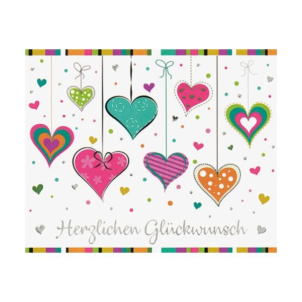 Allgemeine Wünsche Herzlichen Glückwunsch bunte Herzen Midi-Glückwunschkarte mit Klammer und Umschlag