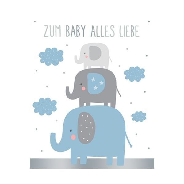 Geburt Baby Freudiges Ereignis Midi-Glückwunschkarte Bluenkärtchen mit Klammer und Umschlag Zum Baby alles Gute Elefantenfamilie blau
