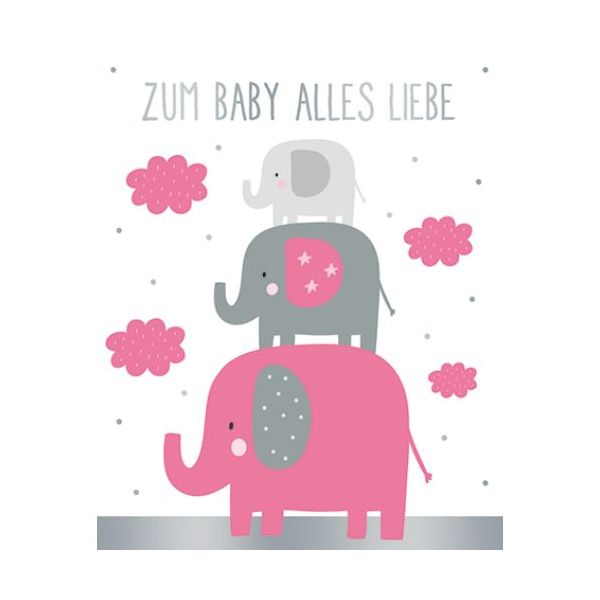 Geburt Baby Freudiges Ereignis Midi-Glückwunschkarte Bluenkärtchen mit Klammer und Umschlag Zum Baby alles Gute Elefantenfamilie rosa