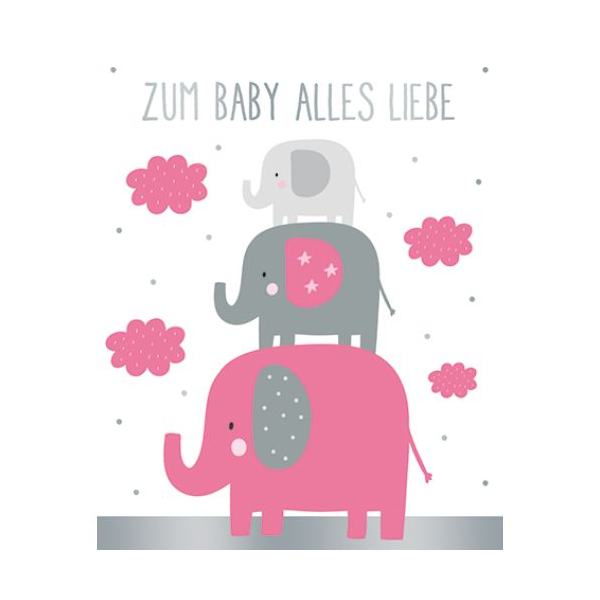 Geburt Baby Freudiges Ereignis Midi-Glückwunschkarte Bluenkärtchen mit Klammer und Umschlag Zum Baby alles Gute Elefantenfamilie rosa