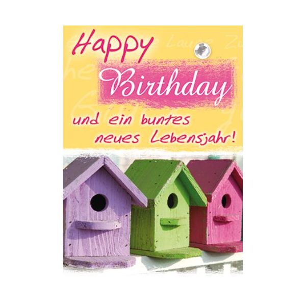 Geburtstag Happy Birthday und ein buntes neues Lebensjahr! Vogelhäuser Mini-Glückwunschkarte Blumenkärtchen mit Klammer