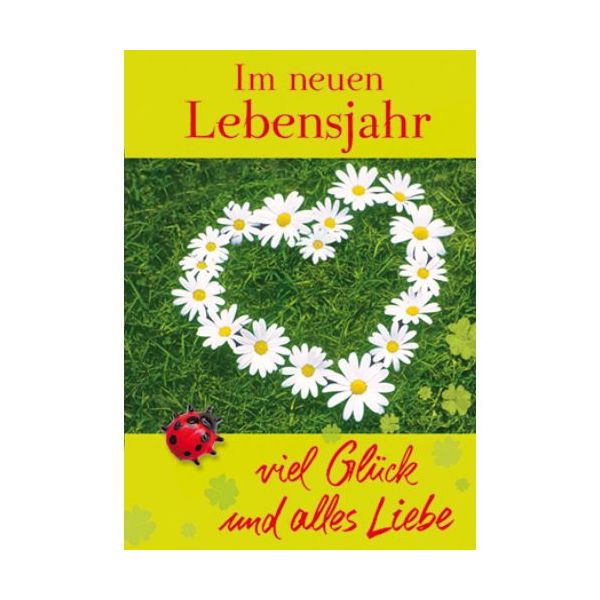 Geburtstag Im neuen Lebensjahr viel Glück und alles Liebe! Blumenherz Mini-Glückwunschkarte Blumenkärtchen mit Klammer
