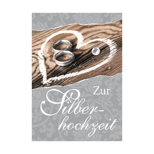Silberhochzeit Mini-Glückwunschkarte Blümchenkarte mit Klammer  Zur Silberhochzeit Eheringe Kreideherz