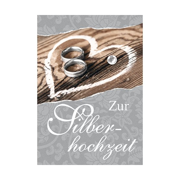 Silberhochzeit Mini-Glückwunschkarte Blümchenkarte mit Klammer  Zur Silberhochzeit Eheringe Kreideherz
