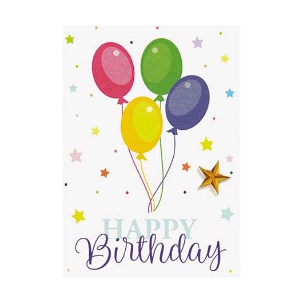 Geburtstag Happy Birthday bunte Luftballons und Sterne Mini-Glückwunschkarte Blumenkärtchen mit Klammer