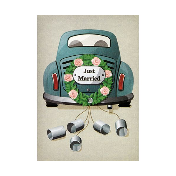 A Hochzeit Vermählung Mini-Glückwunschkarte Blumenkärtchen mit Klammer  Just Married Auto