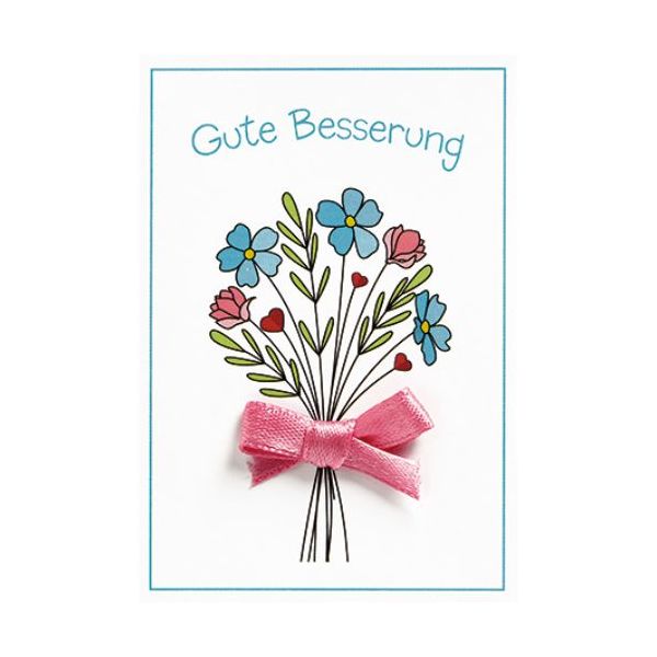 Genesung Gute Besserung Mini-Glückwunschkarte Blumenkärtchen mit Klammer   Blumenstrauß mit Schleife