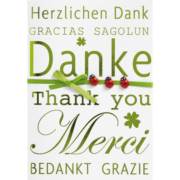 Danke Glückwunschkarte mit Umschlag Danke Mehrsprachig Marienkäfer Kleeblatt