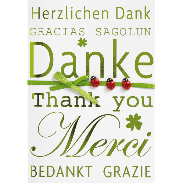 Danke Glückwunschkarte mit Umschlag Danke Mehrsprachig Marienkäfer Kleeblatt