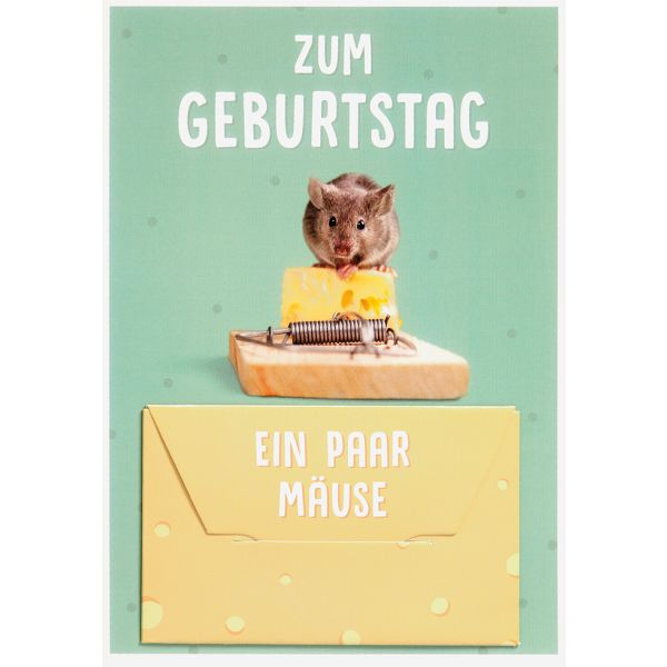 Geldkarte unverpackte Glückwunschkarte mit Umschlag und Minikuvert  Zum Geburtstag Ein paar Mäuse! Maus an Mausefalle Käse