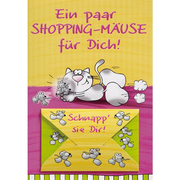 Geldkarte Glückwunschkarte mit Umschlag und Minikuvert  Ein paar Shoppingmäuse für Dich! Schapp sie Dir! Katze und Mäuse Comic