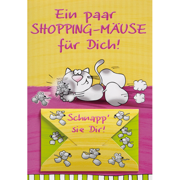 Geldkarte Glückwunschkarte mit Umschlag und Minikuvert  Ein paar Shoppingmäuse für Dich! Schapp sie Dir! Katze und Mäuse Comic