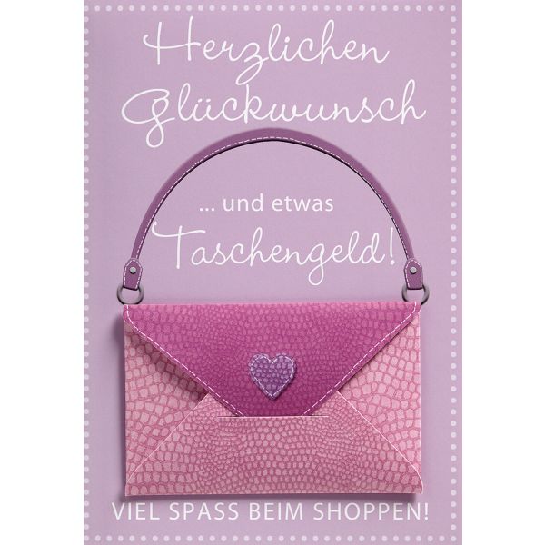 Geldkarte Glückwunschkarte mit Umschlag und Minikuvert  Herzlichen Glückwunsch und etwas Taschengeld! Tasche lila