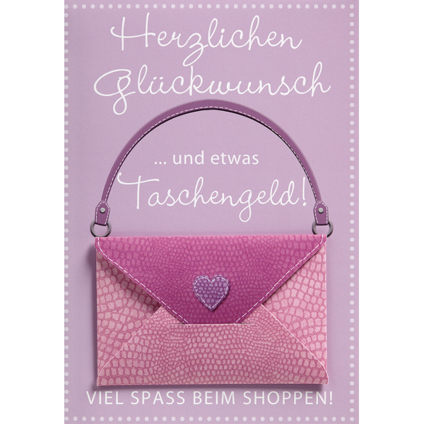Geldkarte Glückwunschkarte mit Umschlag und Minikuvert  Herzlichen Glückwunsch und etwas Taschengeld! Tasche lila