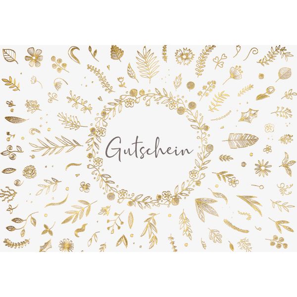Gutschein unverpackte Glückwunschkarte mit Umschlag  goldene Blumen Blüten Symbole