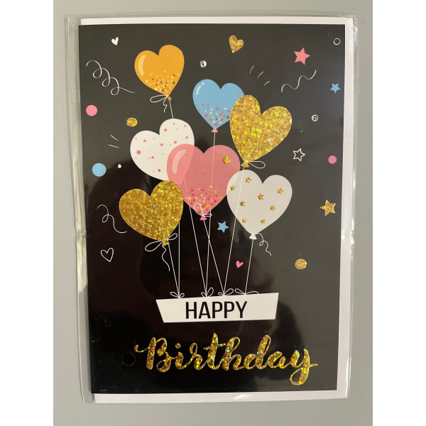 Geburtstagstagskarte mit Umschlag Luftballons Herzen Happy Birthday